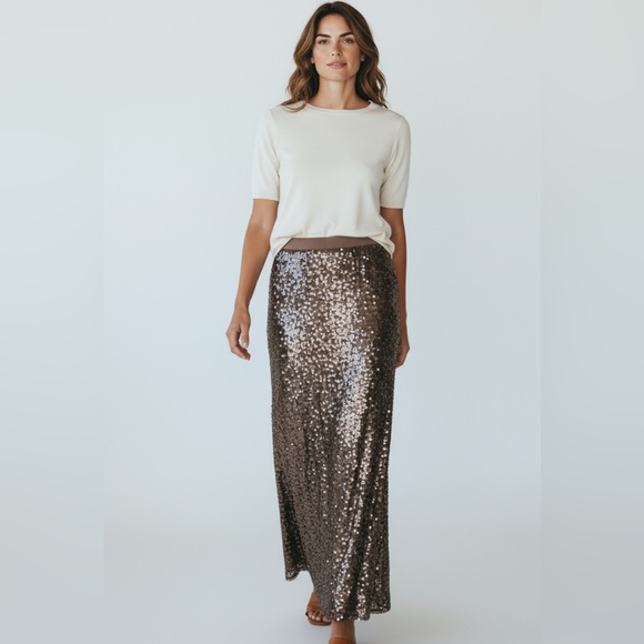BCBG Max Azria Stunning Taupe Pearl Sequin Elastic Waist Stretch Maxi Skirt M